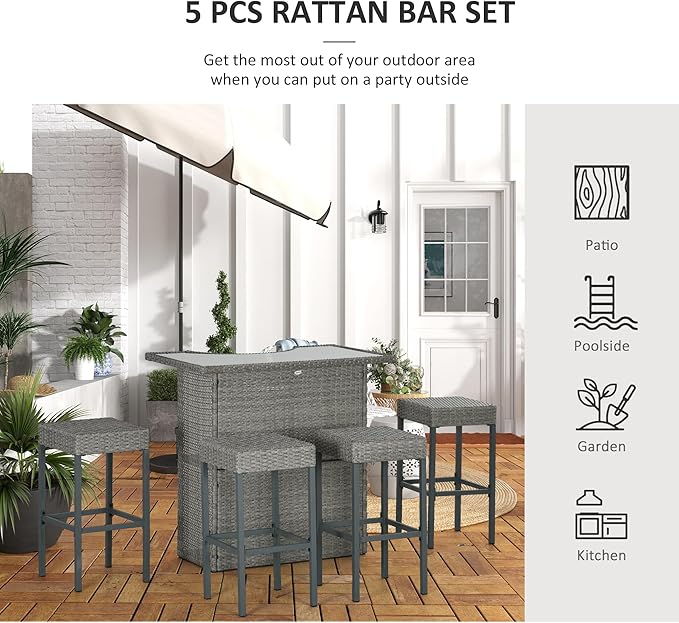 Outsunny 5 Piece Wicker Outdoor Bar Set, High Top Outdoor Table and Chairs, Bar Height Patio Set with Glass Table Top 2 Tier Storage Shelf and 4 Bar Stools for Garden, Poolside, Gray