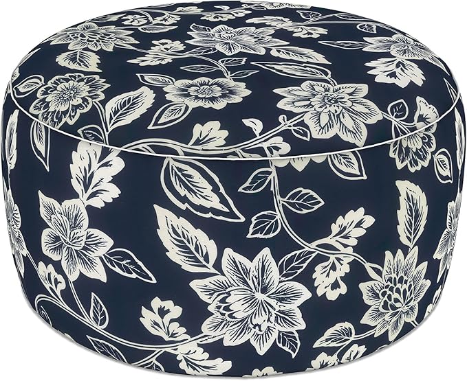 LVTXIII Indoor/Outdoor Extra Large Inflatable Ottoman Pouf D31 x H14 Inch, Round Footstool with Handle, Weather-Resistant Portable Furniture for Patio, Camping, Beach, Elegant Vines Navy