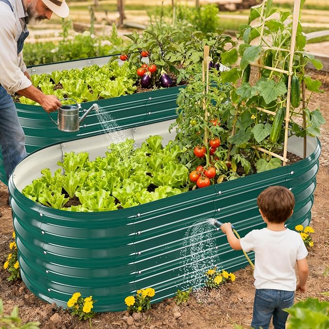 17" Tall Outdoor Garden Raised Garden Bed Kits, 4ft X 2ft Oval,0.8MM Thick Metal Raised Planter Bed/Ground Planter Box for Variety of Flowers,Herbs,Vegetables (Dark Green, 48X24X16.5 Inches)