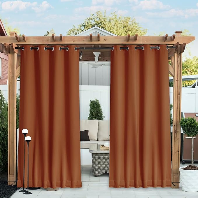 NICETOWN 2 Panels Outdoor Curtains Waterproof Fixed Grommet/Back Tab on Top & Bottom, Thermal Insulated Windproorf Sun Blocking Outdoor Drapes with Rope for Patio/Gazebo, W52 x L84, Burnt Orange