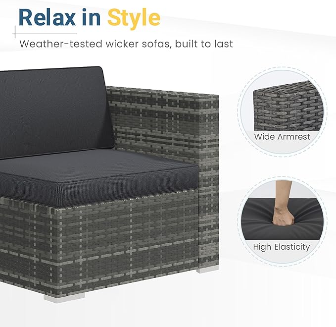 Wisteria Lane 5-Pieces Outdoor Patio Furniture Set, All Weather Wicker Rattan Sectional Sofa, Patio Conversation Set with Cushions & Glass Coffee Table for Backyard Porch Garden Balcony, Grey