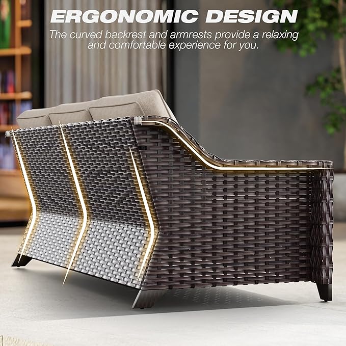 Joyside Patio Furniture Set, 3 Pieces Outdoor Wicker High Back Sofa with Ottoman and Comfy Cushions, Upgraded Large Size, All Weather High Back Conversation Set, (Brown/Beige)