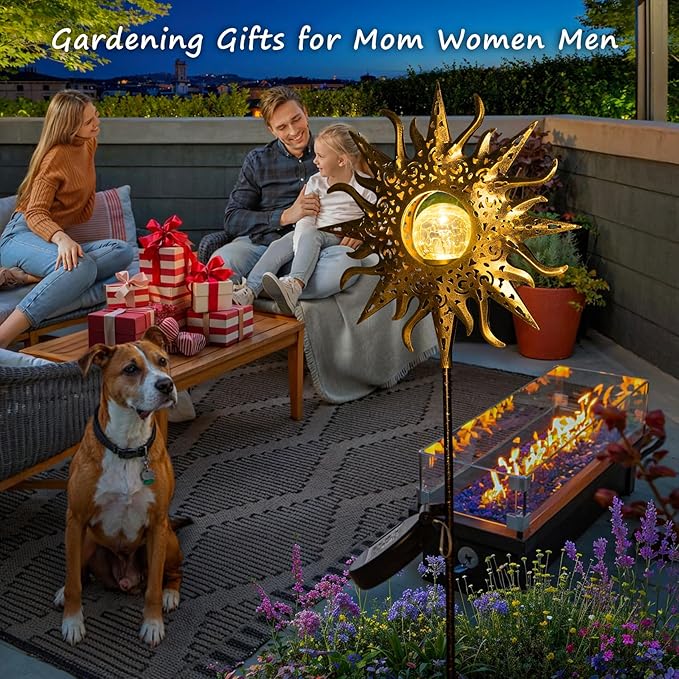 HOMEIMPRO Large Sun Solar Garden Decor Lights Outdoor Garden Gifts Mom Dad, Crackle Glass Metal Stake Backyard Decor, Waterproof LED Lights for Lawn Patio Ornaments, Mothers Day Gifts for Women