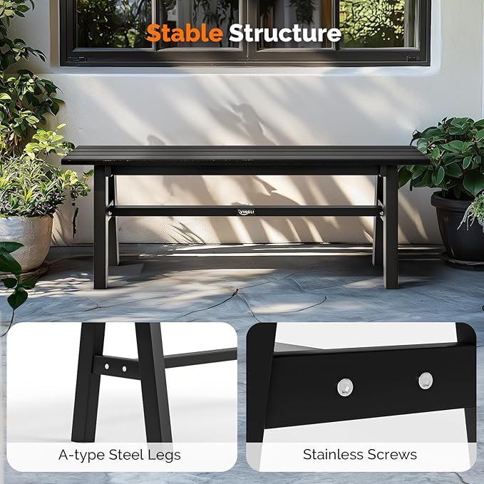 VINGLI 47” Outdoor HDPE Bench, Weatherproof Garden Bench w/Metal Legs, Poly Lumber Porch Benches, 660 LBS Capacity Outdoor Backless Patio Benches for Entryway Deck (Black)