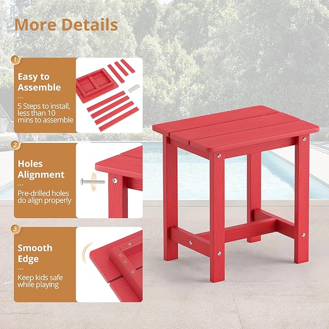 LUE BONA Outdoor Side Table, HDPS Small Outdoor Adirondack Side Tables, Outside End Table for Patio, Porch, Deck, Pool, Weather Resistant/Easy Maintenance, Bright Red