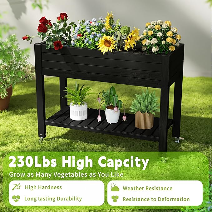 Raised Garden Bed with Legs, 33.66" Tall Self-Watering Resin Planter Box with Lockable Wheels Drainage Plug and Gauge for Vegetables, Flowers, Storage Shelf for Tools and Accessories (Black)