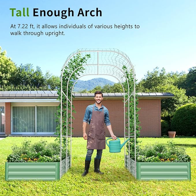 DoCred 3 in 1 Raised Garden Bed with 87in Tall Arch Trellis for Climbing Plants, Galvanized Planter Garden Box Outdoor for Gardening, Climbing Vegetables, Flower, Green
