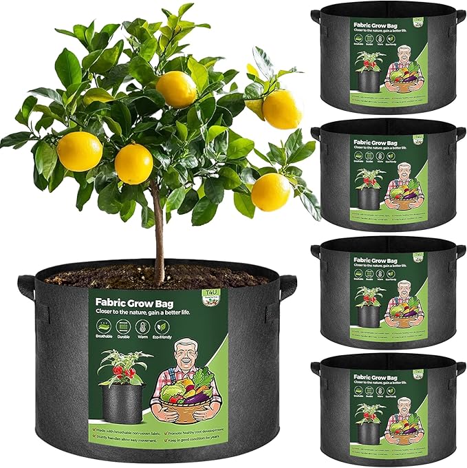 T4U 20 Gallon Grow Bags, Upgrade Fabric Grow Bags with Handles, Thickened Garden Plant Pots for Planting Vegetables, Tomato Planter, Smart Pots for Plants (5 Pack 20 Gal)