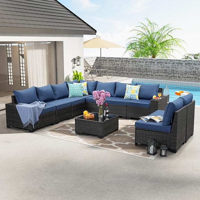 10 Pieces Patio Furniture Set All-Weather Outdoor Wicker Sectional Conversation Sofa Rattan Patio Seating Sofa with Cushion and Glass Table for Porch Poolside,Navy