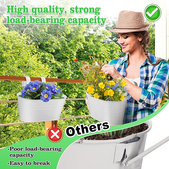 MADHOLLY Railing Planter with Drainage Holes - Sturdy Bucket Pots for Railing Fence, Countryside Style Metal Flower Pots for Herbs Balcony Garden Yard Decor, 2Pcs, White