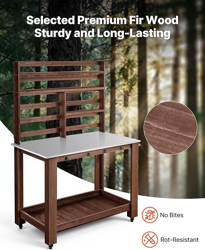VEVOR Potting Bench Table, Outdoor Gardening Workstation with 45 x 26 in Stainless Steel Tabletop, Storage Shelves, 4 Casters, Hooks, Garden Planting Work Station for Outside Patio, Backyard, Brown