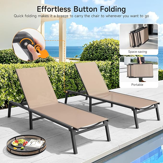 ONBRILL Aluminum Chaise Lounge Chair Outdoor, Foldable & Assembly Free Outdoor Lounge Chair with 5 Position Adjustable Backrest, Patio Pool Lounge Chairs for Outside Poolside Beach Lawn, 1PC, Khaki