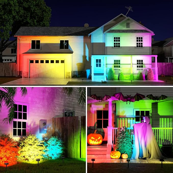 Fabrito Color Changing Solar Spot Lights Outdoor 4 Pack, [6+1 Lighting Modes] Auto On/Off RGB Spotlights, Waterproof Multicolor Landscape Lights for Garden, Tree, Halloween, Christmas
