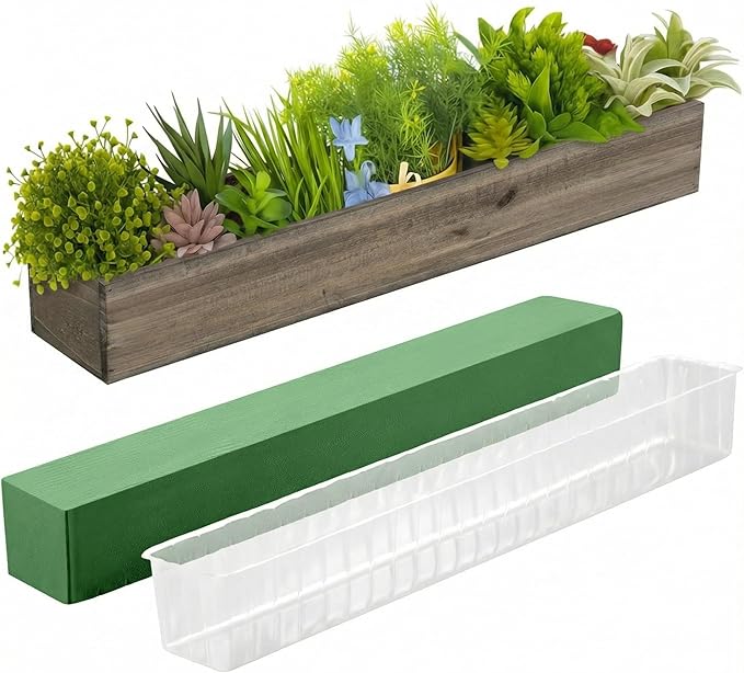 Dandat 1 Set Wood Boxes for Centerpieces 28 x 5 Inch Rectangle Wooden Planter Box Rustic Wooden Planters with Removable Plastic Liner Floral Foam Blocks for Christmas Wedding Home Garden Decor(Brown)
