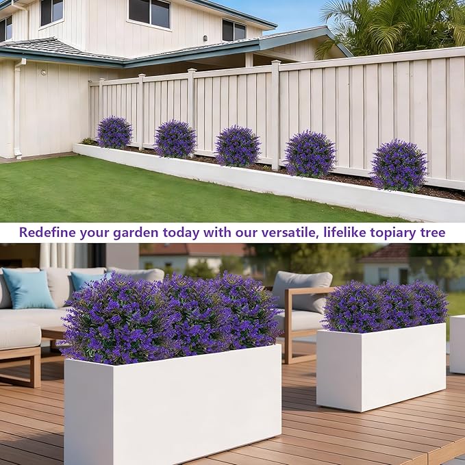 Artificial Lavender Topiary Ball for Outdoors, Set of 2 Boxwood Plant Tree with Spike, Fake Shrubs UV Resistant Faux Plants for Indoor Outdoor Decor