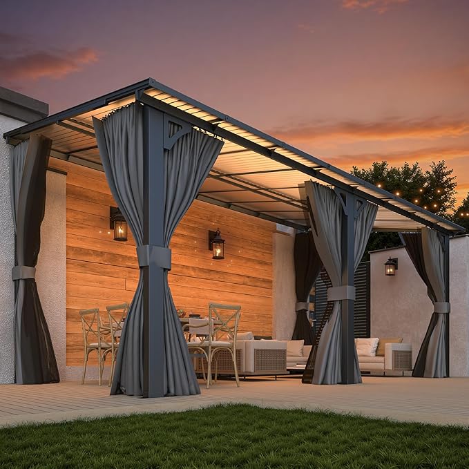 AECOJOY 16' x 8' Gazebo Outdoor Pergola with Curtains and Netting, 8'x16’ Hard Top Lean to Pergolas and Gazebos Clearance with Patio Roof Shelter, Large Wall-Mounted Heavy Duty Metal Awnings for Patio