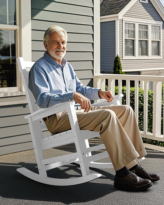 SERWALL Oversized Rocking Chair, Outdoor Rocking Chair for Adults, All Weather Resistant Porch Rocker for Lawn Garden, White
