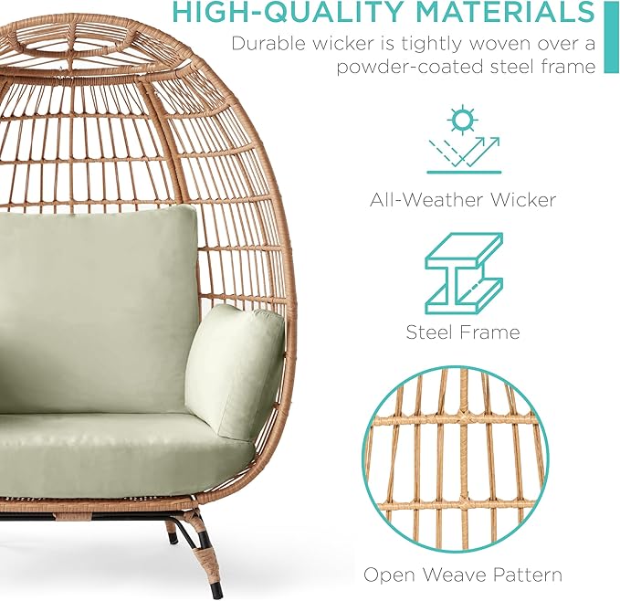 Best Choice Products Wicker Egg Chair, Oversized Indoor Outdoor Lounger for Patio, Backyard, Living Room w/ 4 Cushions, Steel Frame, 440lb Capacity - Sage