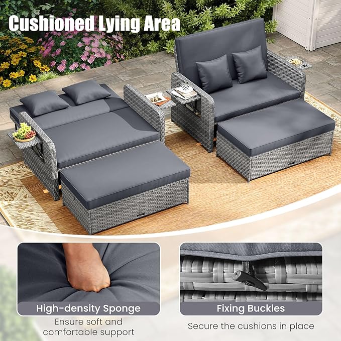 Tangkula Patio Rattan Daybed with 4-Level Adjustable Backrest, Outdoor PE Wicker Loveseat with Storage Ottoman & Folding Side Table, Double Sunbed for Balcony, Backyard & Poolside, Grey