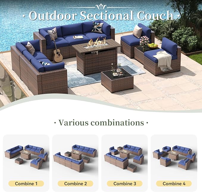 Aoxun 11 Piece Patio Furniture Set with 44” Fire Pit Table Wicker Rattan Outdoor Sectional Sofa Set with Coffee Table and 4” Thickened Cushions, Blue (Waterproof Cover Included)