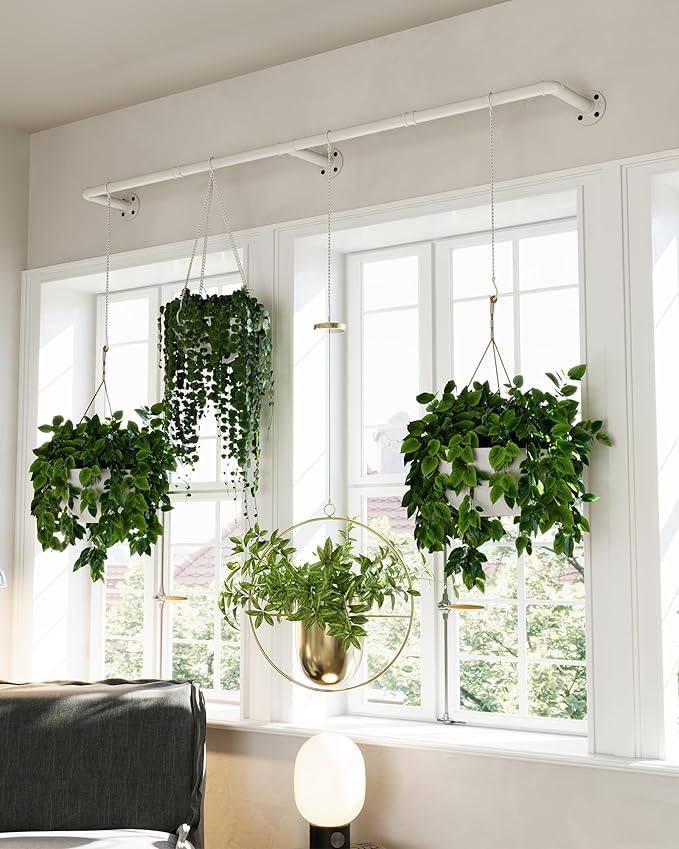 Plant Haning Rod, Hanging Planters for Indoor Plants with 6 Chains, Wall Plant Hanging Bar for Window Celling, 65.7 Inch, Metal White, Pots Not Included