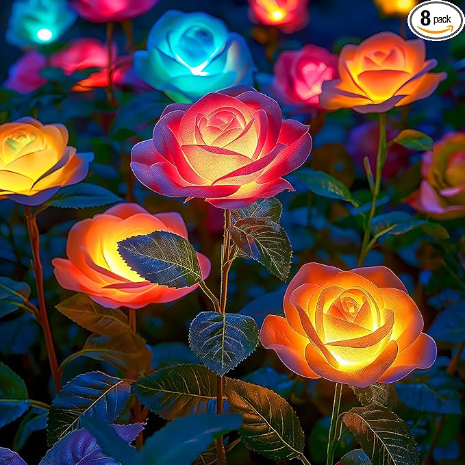 WdtPro Solar Lights Outdoor, 8 Pack Solar Garden Light with 40 Rose Flowers, 7 Color Changing Solar Powered Flowers Lights Waterproof for Outside Patio Yard Pathway Decor