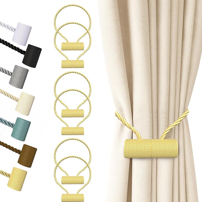 Hion Magnetic Curtain Tiebacks Golden 6 Pack, Curtain Tiebacks Buckles Holdbacks Holders Hooks Clip for Home Bedroom Office