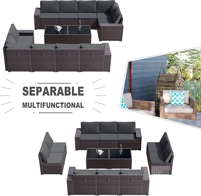 Kullavik 12 Pieces Outdoor Patio Furniture Set PE Wicker Rattan Sectional Sofa Patio Conversation Sets,Grey