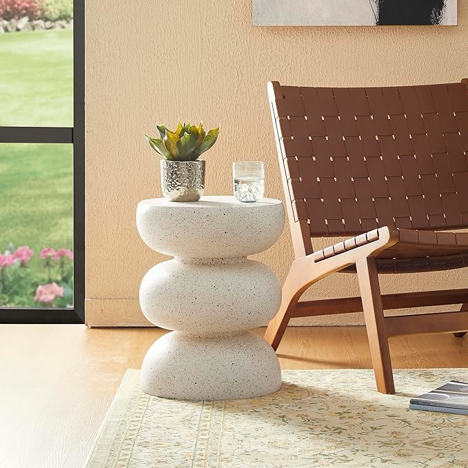 Glitzhome Outdoor Side Table, 18" H Decorative Garden Stool MGO Faux Terrazzo End Table, Heavy Duty Indoor Outdoor Round Planter Stand for Living Room Bedroom Patio Deck Poolside,White