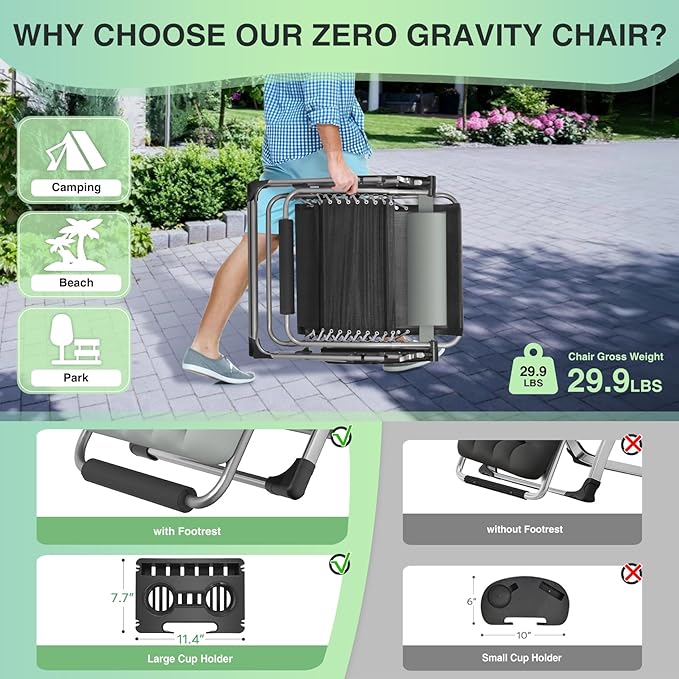 Suteck Oversized Zero Gravity Chair,33In XXL Outdoor Recliner Chair w/Removable Cushion&Headrest, Camping Lounge Chair w/Upgraded Lock&Footrest, Reclining Patio Chairs for Indoor Outdoor,500LBS