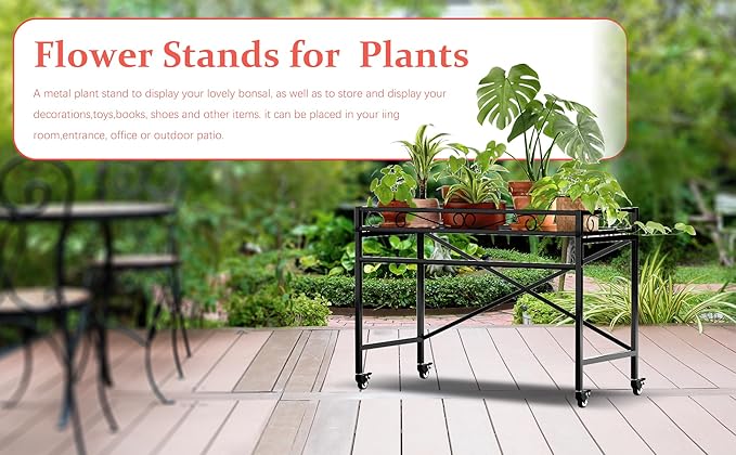 Zhongma Sturdy Metal Plant Stand with Wheels, 36.6 x 16 x 26.2 in High, Heavy Duty Succulent Shelf for Home Indoor and Outdoor, 220 LBS Capacity & Heavy Duty Construction