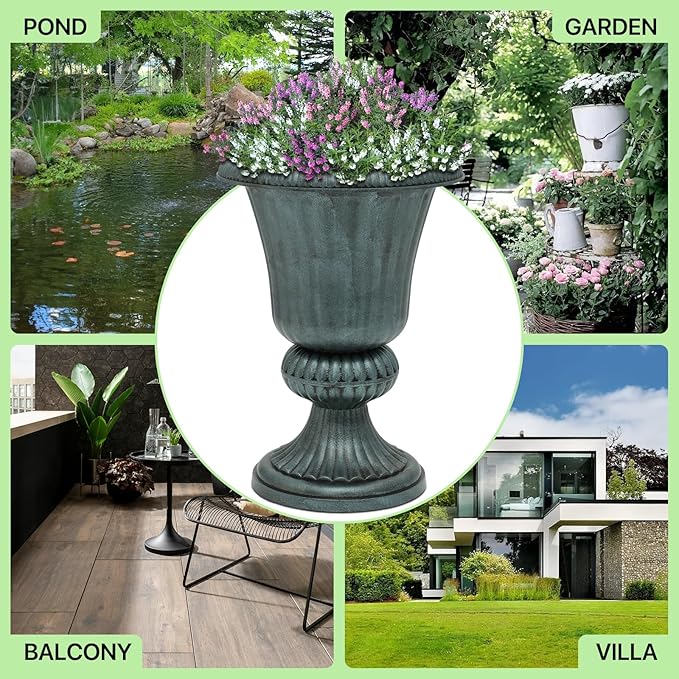 Magshion 20" Urn Planter for Outdoor and Indoor Plants, Large Decorative Front Porch Planter, Vintage Grecian Flower Pot for Patio, Garden & Entryway Décor, Antique Green