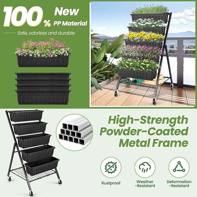 SEJOV 5-Tier Raised Garden Bed, 4FT Vertical Garden Planter with Storage Rack and Lockable Caster Wheels, Indoor Outdoor Raised Planter Box with Drainage System for Vegetables, Flowers, Herbs, Black