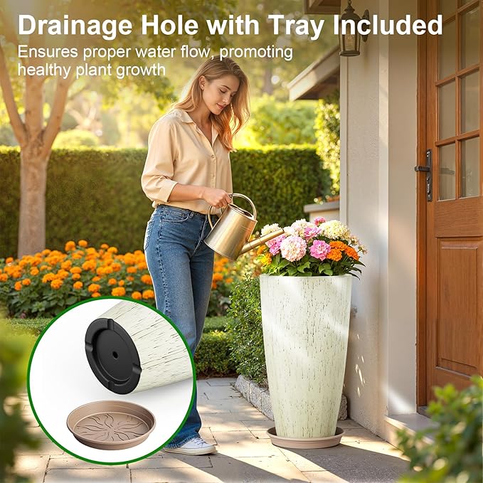 QCQHDU 21 inch Tall Planters for Outdoor & Indoor Plants, 2 Pack Sturdy Plant-Flower-Tree Pots for Front Porch Patio Deck Living Room Decor