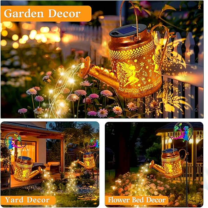 Solar Lanterns Outdoor Waterproof,Metal Watering Can Garden Decor,Fairy Hanging Solar Path Lights Yard Art,Outside Patio Decorations Gardening Christmas Gifts for Mom Grandma Women（with Shepherd Hook）