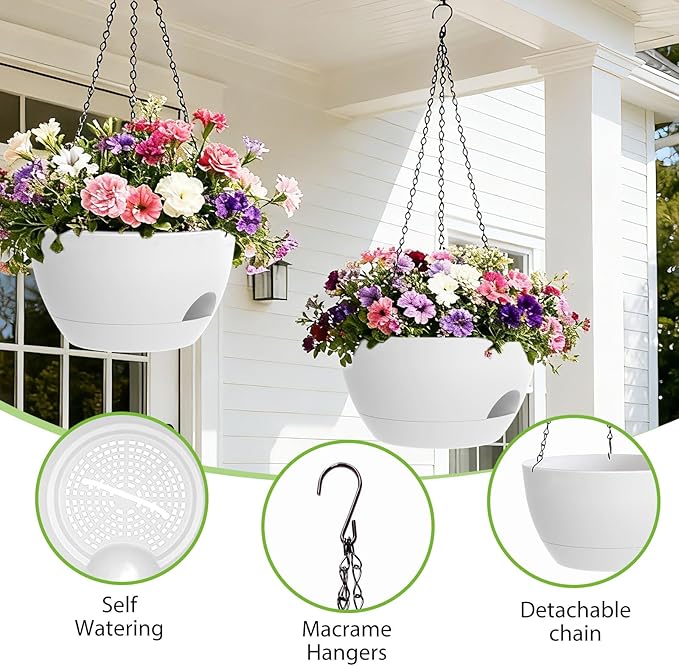 8 Inch Hanging Planters for Indoor Outdoor Plants, 4 Pack White Plastic Self Watering Hanging Baskets with Drainage Holes and Chain for Garden Porch