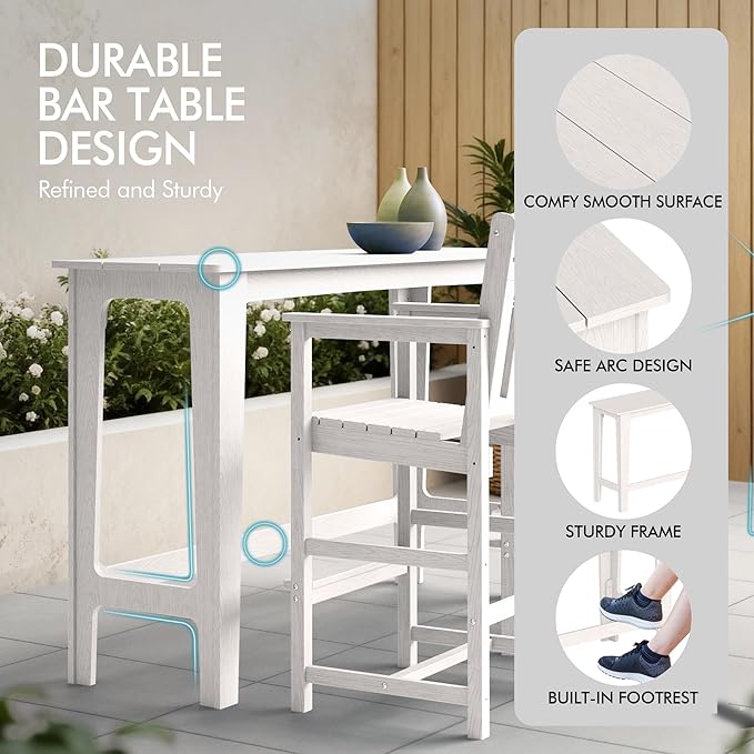 Ciokea 3 Pcs Outdoor Bar Height Table Set, 60" Extra Long Rectangle High Top Table and 2 Oversized Adirondack Chairs Set, Heavy-Duty All-Weather HDPE Patio Bar Set for Backyard Balcony Deck, White
