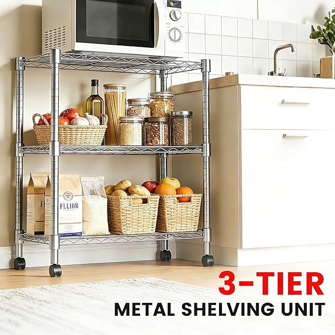 Xcity Storage Shelves, 3 Tier Heavy Duty Metal Shelving Unit with Wheels, 1050 LBS Capacity Adjustable Steel Wire Shelf Organizer for Pantry, Kitchen, Garage, 14" D x 24" W x 30" H, Chrome