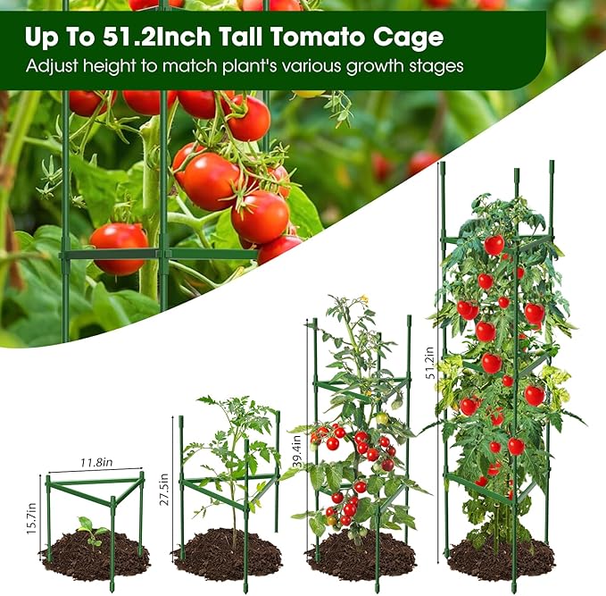 8 Pack Tomato Cages for Garden,Up to 51.2Inch Tomato Cage Trellis-Upgraded Hexagon Connector,Heavy Duty Adjustable Tomato Stake Support for Raised Garden Bed