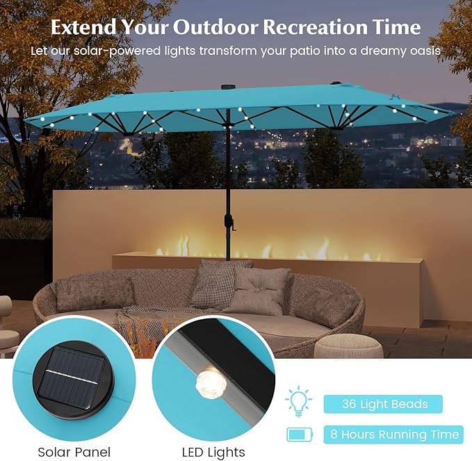 Tangkula 9 Pieces Rattan Outdoor Dining Set with 13Ft Solar Patio Umbrella for 6, Outdoor Wicker Table Set with 8 Cushioned Chairs, Acacia Wood Top, Outdoor Umbrella with Base Included