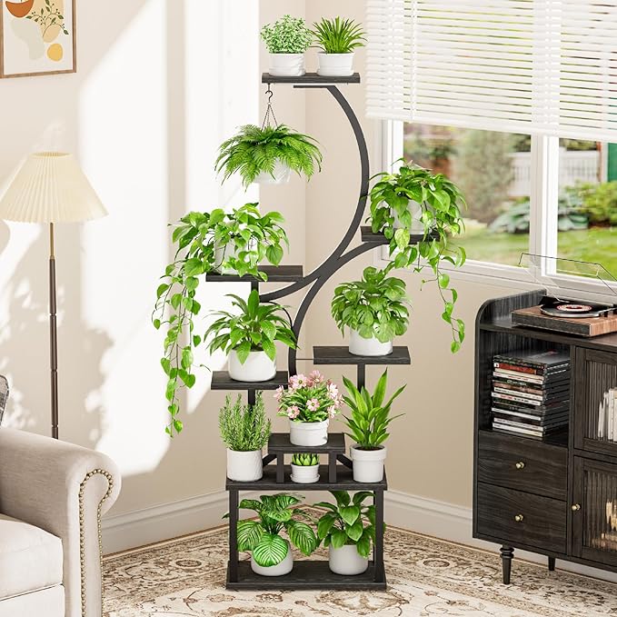 Plant Stand Indoor with Grow Lights - 62" Tall Plant Shelf, Lighted Corner Plant Stands for Indoor Growing, 8 Tiered Large Flower Holder, S-Shaped Plants Rack for Living Room, Patent Design, Black