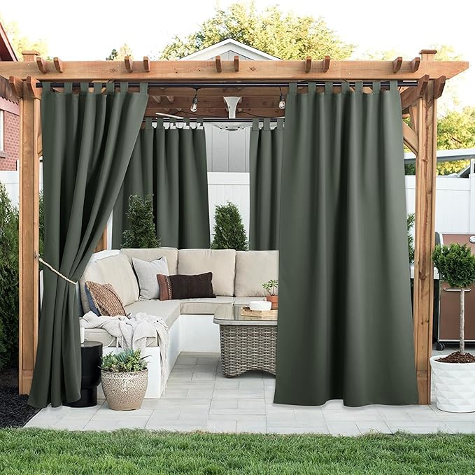 NICETOWN 2 Panels Greyish Green Long Outdoor Curtainss for Patio Waterproof, Detachable Sticky Tab Top Blackout Indoor Outdoor Blinds Heat & Cold Blocking Privacy for Gazebo/Porch, W52 x L108