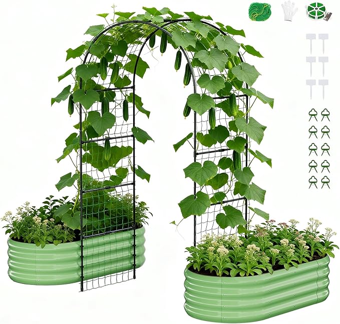DoCred 3 in 1 Raised Garden Bed with 87in Tall Arch Trellis for Climbing Plants, Galvanized Planter Garden Box Outdoor for Gardening, Climbing Vegetables, Flower, Green