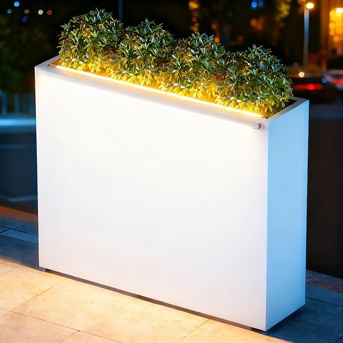 GSK White Metal Planter Box with LED Light Rectangular Illuminate Flower Trough 30" H×10" W×37.9" L Vibe Indoor Light Up Garden Plants Outdoor Separation Patio Porch Balcony