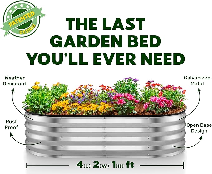 Plant & Plot Galvanized Raised Garden Beds Outdoor // 4×2×1 ft Planter Raised Bed for Gardening, Vegetables, Flowers // Large Metal Garden Box (Silver) // Patented Tool-Free Design