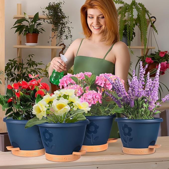 Plastic Plant Pots 10 Inch Set of 4, Self Watering Pots with Drainage Holes, Saucer & Reservoir, Flower Pots for Indoor/Outdoor Plants, Decorative Nursery Planting Pots (Blue)