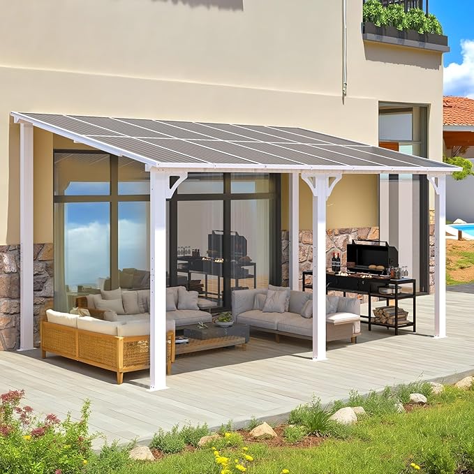 AECOJOY 14' x 8' White Gazebo Outdoor Pergola for Patio, Hard Top Lean to 8x14 Gazebo Shelter Pergolas and Gazebos Clearance with Patio Roof, Large Wall-Mounted Heavy Duty Awnings for Backyard