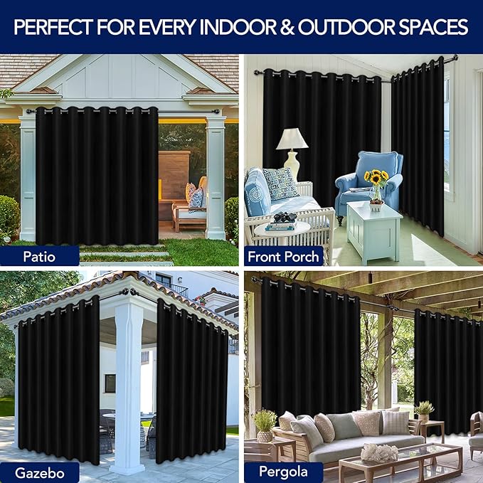 PureFit Outdoor Curtains for Patio Waterproof Weatherproof, UV Resistant Outside Curtains for Gazebo, Front Porch, Pergola, Sun Blocking Privacy Curtain, 120W x 84L inch, 1 Panel, Black