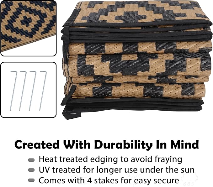 SAND MINE Reversible Mats, Plastic Straw Rug, Modern Area Rug, Large Floor Mat and Rug for Outdoors, RV, Patio, Backyard, Deck, Picnic, Beach, Trailer, Camping, Black & Brown, 8' x 10'