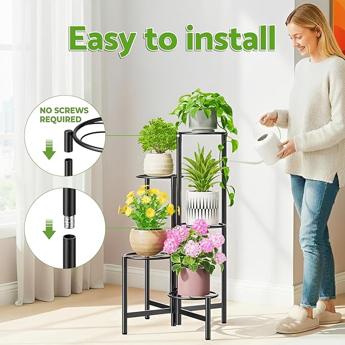 Corner Plant Stand Indoor Outdoor Tall Metal Flower Pot Stands for Multiple Plants 5 Tier Heavy Duty Plant Shelf for Patio Garden Balcony Living Room Bedroom Black Kite